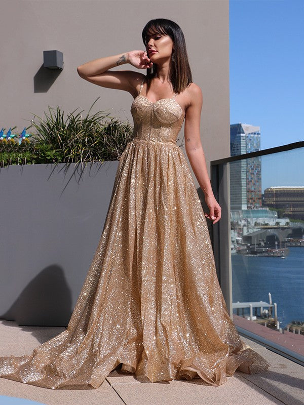 Vestidos de fiesta elegantes de corte A con tirantes finos, lentejuelas, sin mangas y volantes