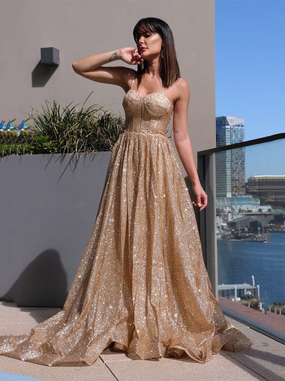 Vestidos de fiesta elegantes de corte A con tirantes finos, lentejuelas, sin mangas y volantes