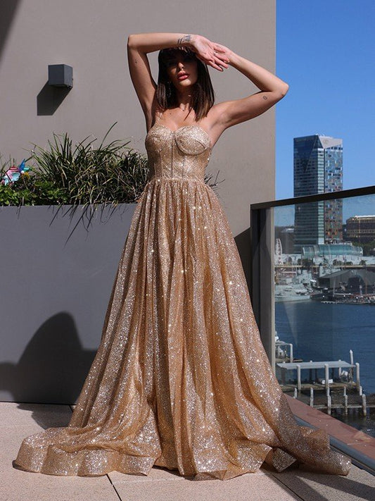 Vestidos de fiesta elegantes de corte A con tirantes finos, lentejuelas, sin mangas y volantes