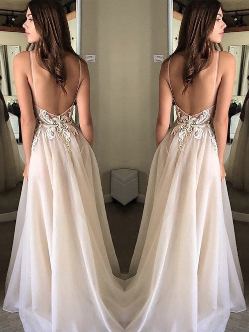 Vestidos de fiesta elegantes de gasa con apliques, sin mangas y tirantes finos en forma de A