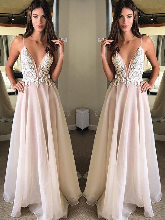 Vestidos de fiesta elegantes de gasa con apliques, sin mangas y tirantes finos en forma de A