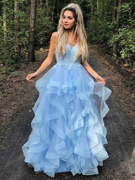 Vestidos de fiesta elegantes de corte A con tirantes finos, sin mangas, apliques de organza y largo hasta el suelo