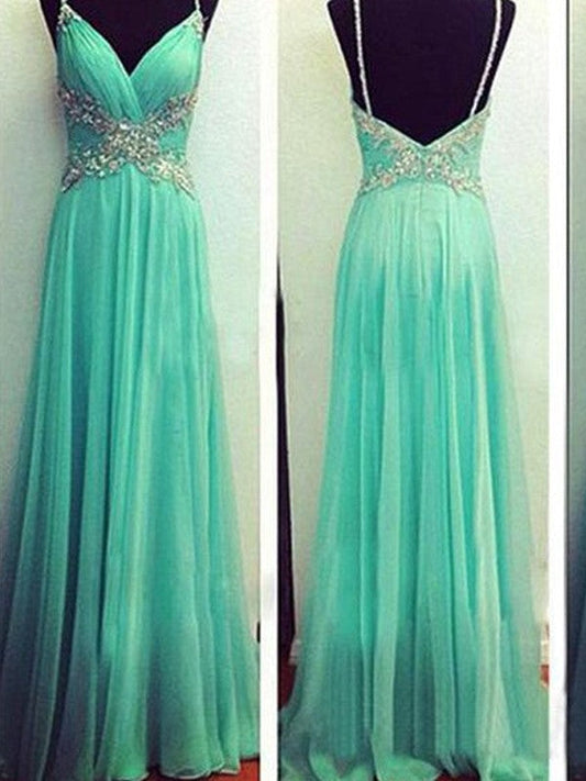 Vestidos de fiesta elegantes de gasa con corte A, tirantes finos, sin mangas, con cuentas y largo hasta el suelo