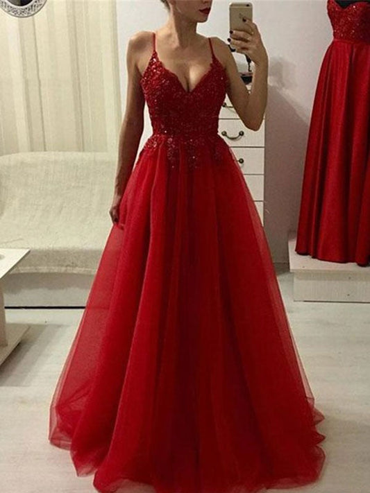Vestidos de fiesta elegantes de corte A con tirantes finos, sin mangas, hasta el suelo, con apliques de tul