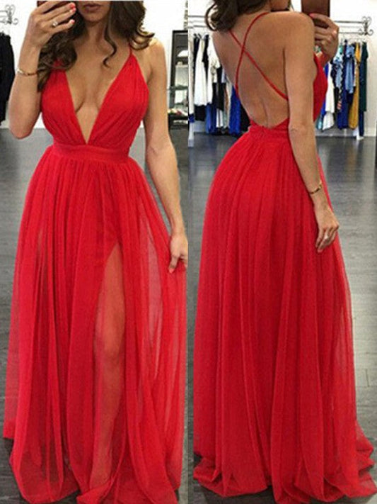 Vestidos de fiesta elegantes de gasa con corte A y tirantes finos, sin mangas y hasta el suelo