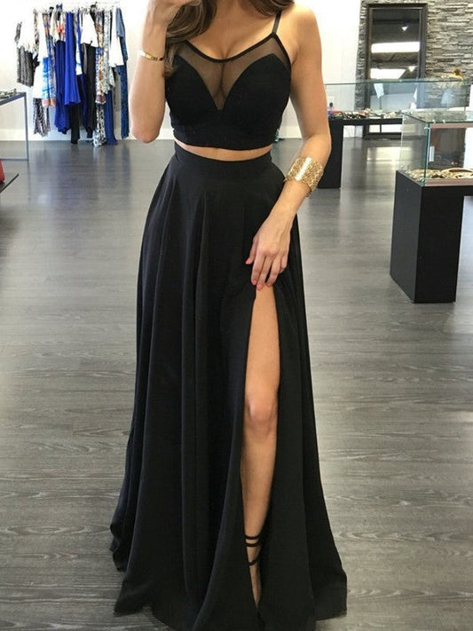Vestido de fiesta elegante de dos piezas de gasa, sin mangas, con tirantes finos y corte A