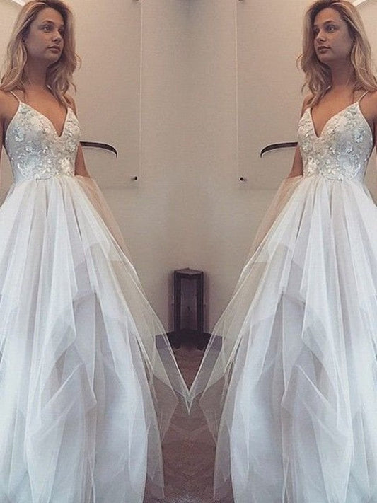 Vestidos de fiesta elegantes de tul con corte A y tirantes finos, sin mangas y hasta el suelo