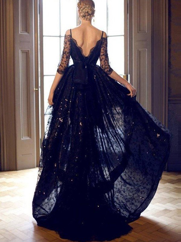 Vestidos de fiesta elegantes de encaje, corte A, tirantes finos, sin mangas, corte alto y bajo