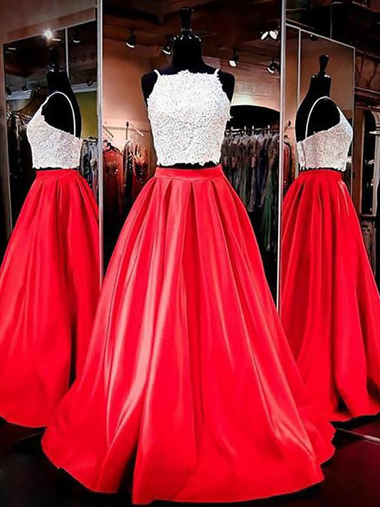 Vestido de fiesta elegante de dos piezas con tirantes finos, sin mangas, de satén y encaje hasta el suelo