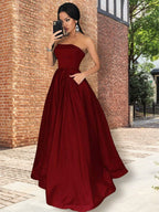 A-Linie/Elegant Trägerlos Ärmellos Bodenlang Rüschen Satin Ballkleider
