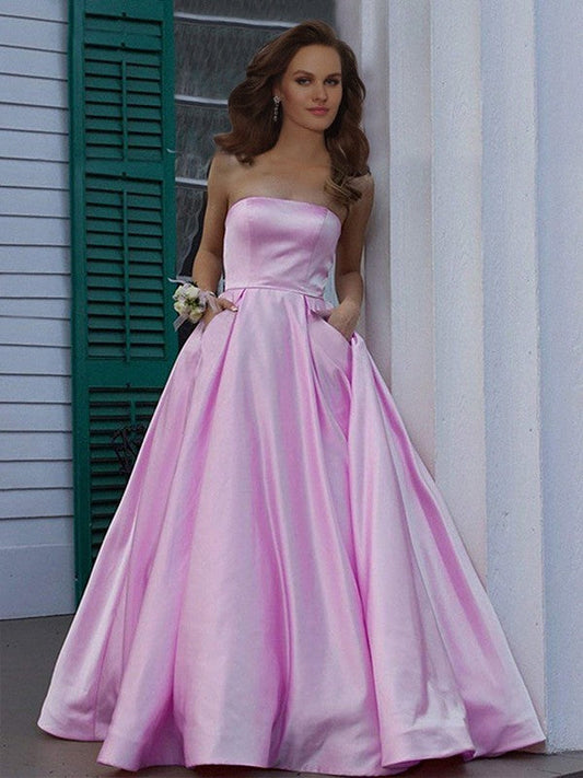 Vestidos de fiesta elegantes de satén con volantes, sin mangas, hasta el suelo y sin tirantes, corte A