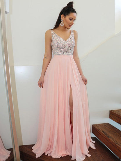 Vestidos de fiesta elegantes de gasa, sin mangas, con tirantes finos y cuentas, hasta el suelo