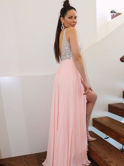Vestidos de fiesta elegantes de gasa, sin mangas, con tirantes finos y cuentas, hasta el suelo