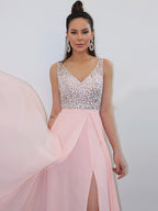 Vestidos de fiesta elegantes de gasa, sin mangas, con tirantes finos y cuentas, hasta el suelo