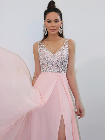 Vestidos de fiesta elegantes de gasa, sin mangas, con tirantes finos y cuentas, hasta el suelo