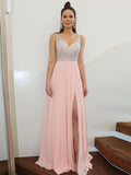 Vestidos de fiesta elegantes de gasa, sin mangas, con tirantes finos y cuentas, hasta el suelo
