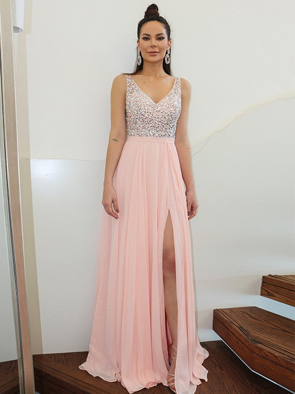 Vestidos de fiesta elegantes de gasa, sin mangas, con tirantes finos y cuentas, hasta el suelo