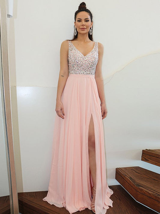 Vestidos de fiesta elegantes de gasa, sin mangas, con tirantes finos y cuentas, hasta el suelo