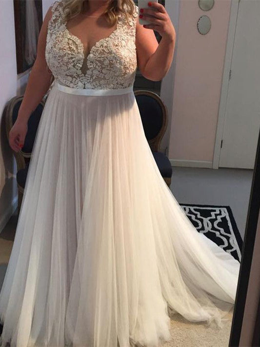 Vestidos de fiesta de talla grande con apliques de tul, sin mangas y tirantes elegantes en forma de A