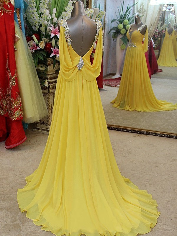 Vestidos de fiesta de gasa con cuentas, sin mangas, con tirantes elegantes y corte A