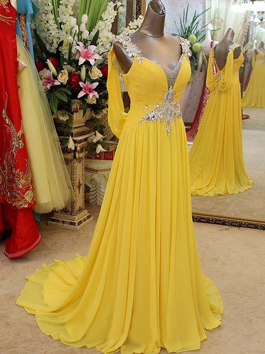 Vestidos de fiesta de gasa con cuentas, sin mangas, con tirantes elegantes y corte A