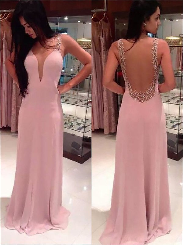 Vestidos de fiesta de gasa con corte A/tirantes elegantes, sin mangas, con cuentas y hasta el suelo