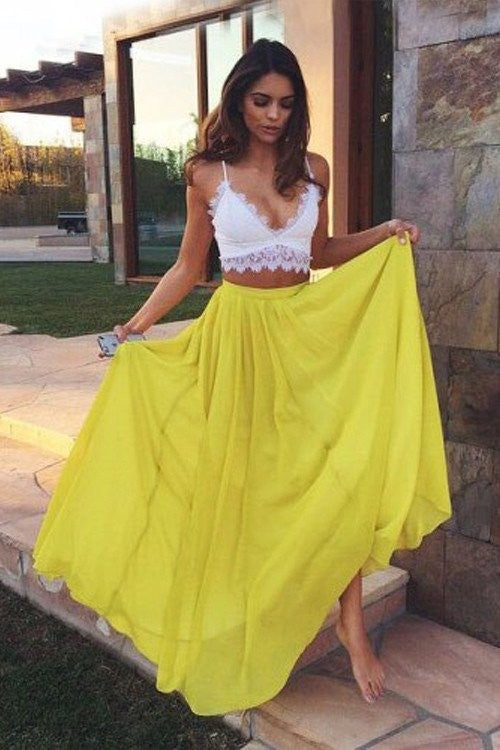 Vestidos de fiesta de dos piezas de gasa con encaje, sin mangas, con tirantes elegantes y corte A hasta el suelo