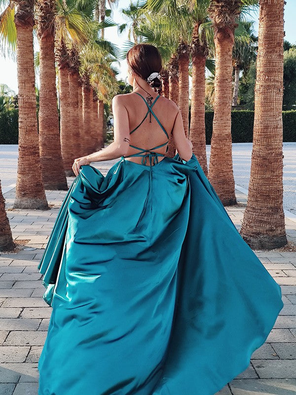 Vestidos de fiesta de satén con efecto seda, corte A, tirantes elegantes, sin mangas y volantes