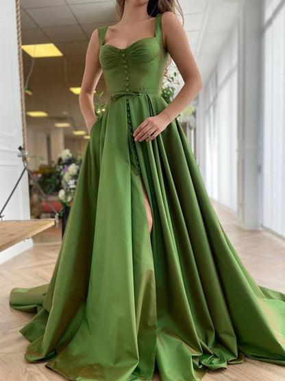 Vestidos de fiesta elegantes de satén con volantes, sin mangas y tirantes finos