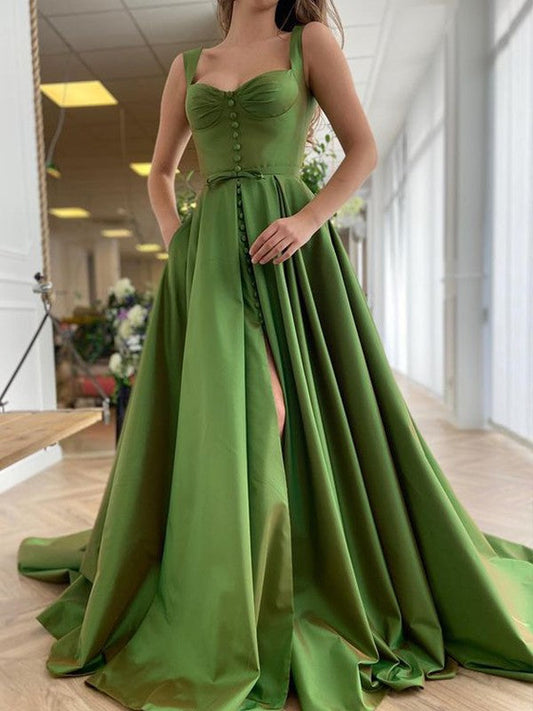 Vestidos de fiesta elegantes de satén con volantes, sin mangas y tirantes finos