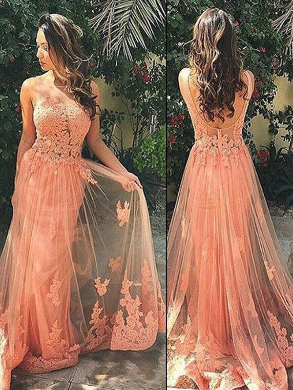Vestidos de fiesta elegantes con tirantes finos, sin mangas y apliques de tul