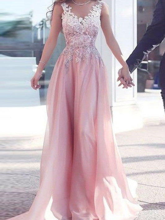 Vestidos de fiesta elegantes de gasa con escote en forma de A, sin mangas, hasta el suelo y apliques