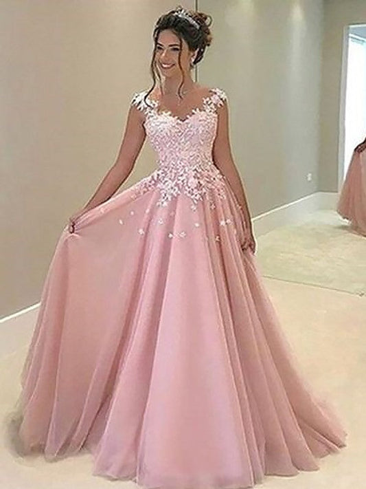 Vestidos de fiesta elegantes de corte A/Escote en forma de corazón, sin mangas, hasta el suelo, con apliques de tul