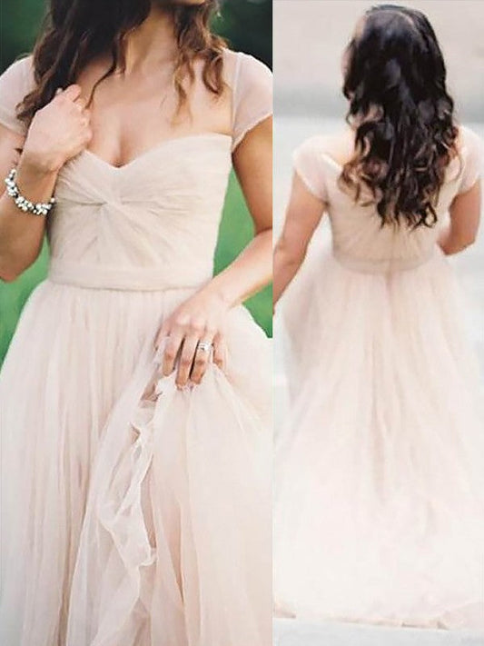Vestidos de fiesta elegantes de gasa fruncida, sin mangas, con escote en forma de A y largo hasta el suelo