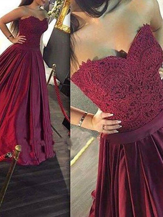 Vestidos de fiesta elegantes de corte A/sin mangas con escote en forma de corazón, de satén y encaje hasta el suelo