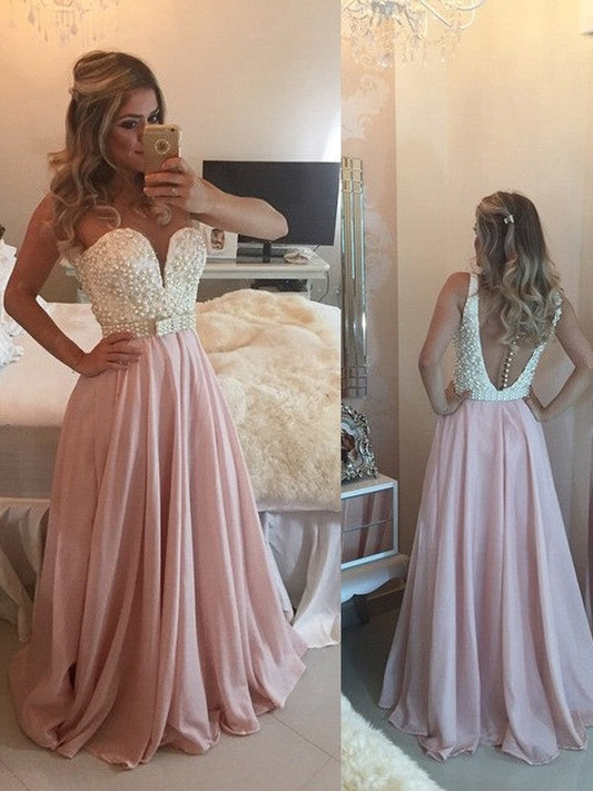 Vestidos de fiesta elegantes de gasa con escote en forma de A, sin mangas, con perlas y largo hasta el suelo