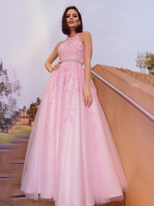 A-Line/Elegant Tulle Applique Halter Sleeveless Floor-Length Prom Dresses
