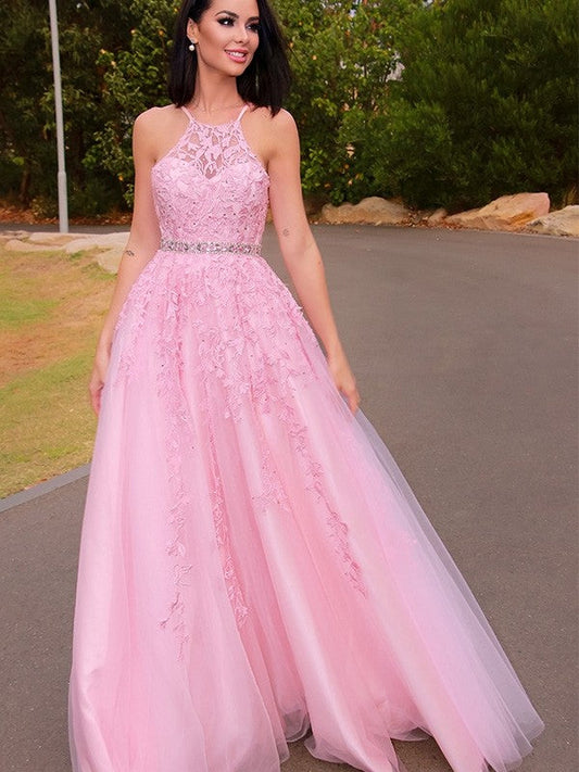 Vestidos de fiesta elegantes de corte A/tul con apliques, cuello halter, sin mangas y hasta el suelo