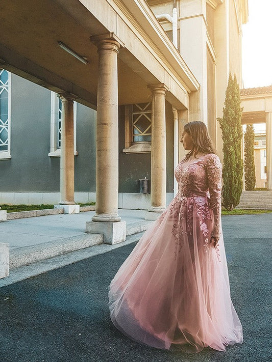 Elegante vestido de fiesta de corte A con apliques de tul, mangas largas, escote en V y largo hasta el suelo