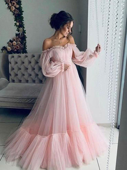 Elegante vestido de fiesta de corte A con apliques de tul, hombros descubiertos, mangas largas y largo hasta el suelo