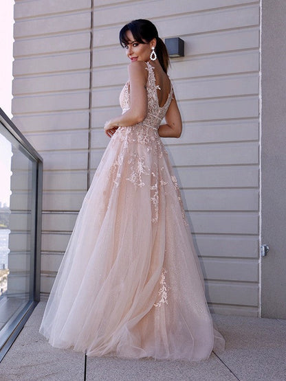 Vestidos de fiesta elegantes de corte A con apliques de tul y escote redondo sin mangas