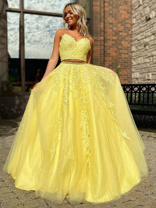 Vestido de fiesta elegante de dos piezas, corte A, con apliques de tul, sin mangas, escote en V y largo hasta el suelo