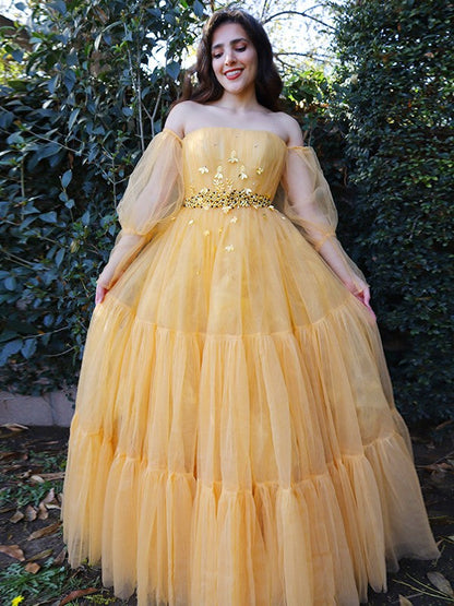 A-Linie/Elegant Tüll Perlen verziert Off-the-Shoulder Lange Ärmel Bodenlang Ballkleider