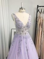 Vestidos de fiesta elegantes de tul con cuentas, escote en V, sin mangas y hasta el suelo