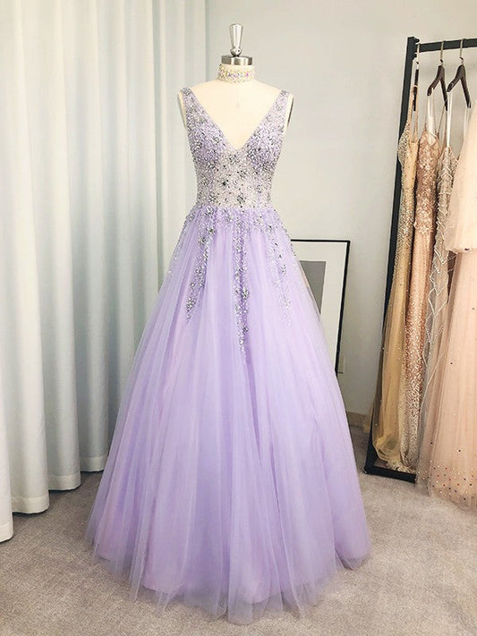 Vestidos de fiesta elegantes de tul con cuentas, escote en V, sin mangas y hasta el suelo