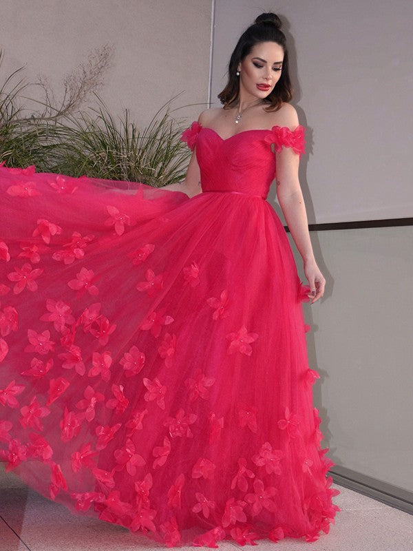 Elegante vestido de fiesta de tul con flores hechas a mano, corte A, hombros descubiertos, sin mangas y largo hasta el suelo