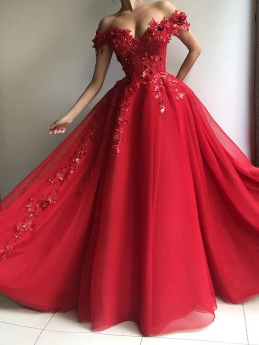 Elegante vestido de fiesta de tul con hombros descubiertos, sin mangas, apliques y largo hasta el suelo