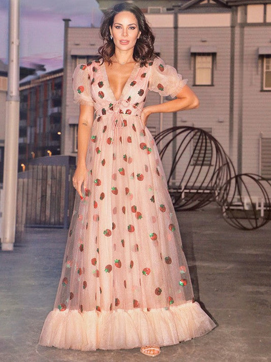 Elegante vestido de fiesta de tul con volantes, escote en V, mangas cortas y largo hasta el suelo