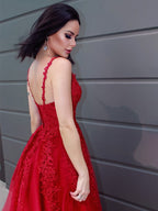 Vestidos de fiesta elegantes de tul con escote en V, largo hasta el suelo, sin mangas y apliques