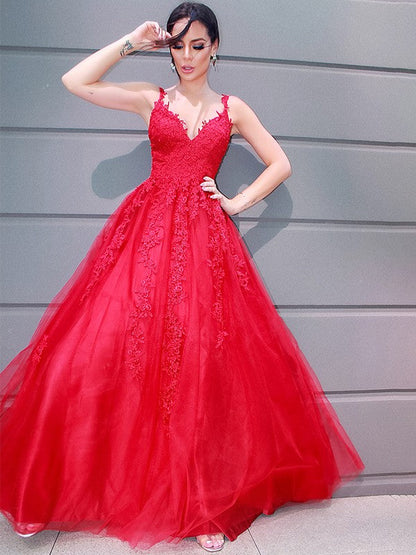 Vestidos de fiesta elegantes de tul con escote en V, largo hasta el suelo, sin mangas y apliques